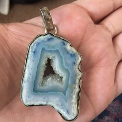Natural Blue Slice Agate Sterling Silver Pendant