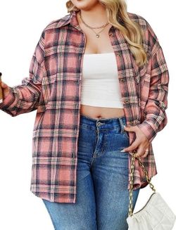 New Women's Large Flannel Plaid Black PInk Long Sleeve Shirt 
