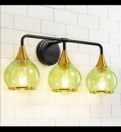 22 in. 3-Light Black and Gold Bathroom Vanity Light Modern Over Mirror Wall Lamp With Clear Green Globe Glass Shades