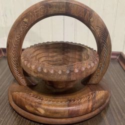 Vintage Hand Carved Wooden Collapsible Accordion Basket Bowl w/Handle Afghanistan 8”
