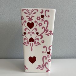 Beautiful Ceramic Flower Vase with Red Hearts and Pink Floral Pattern/ 7.5”Tall Home Decor 