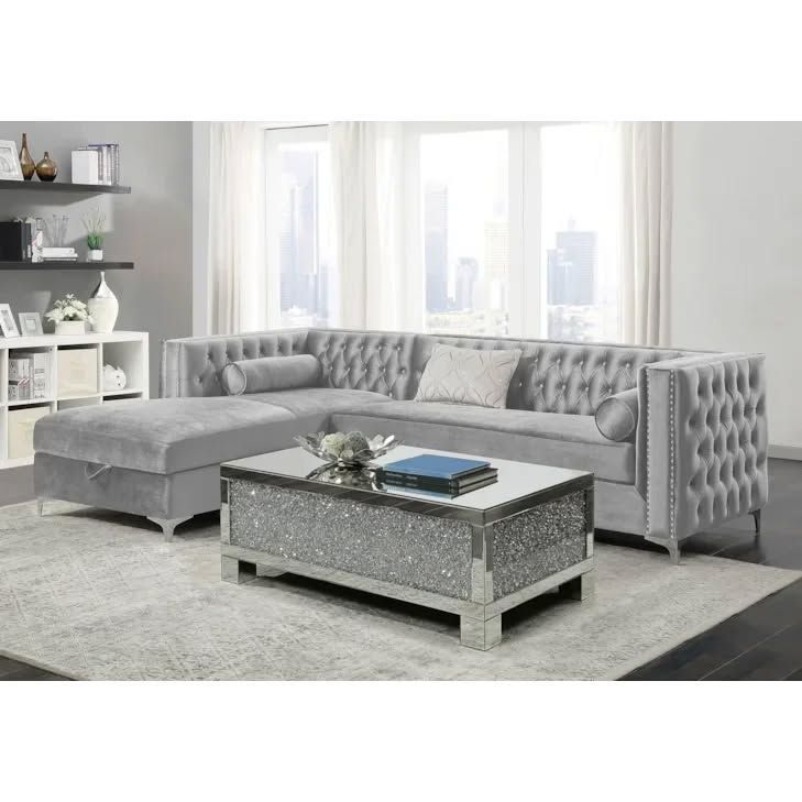 🩶NEW!! Silver BLING Tufted Storage Living Room Sectional Chaise SOFA COUCH $10 DOWN