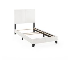 Furinno Pessac Upholstered Bed, White PU Leather, Twin & Corner Curio 