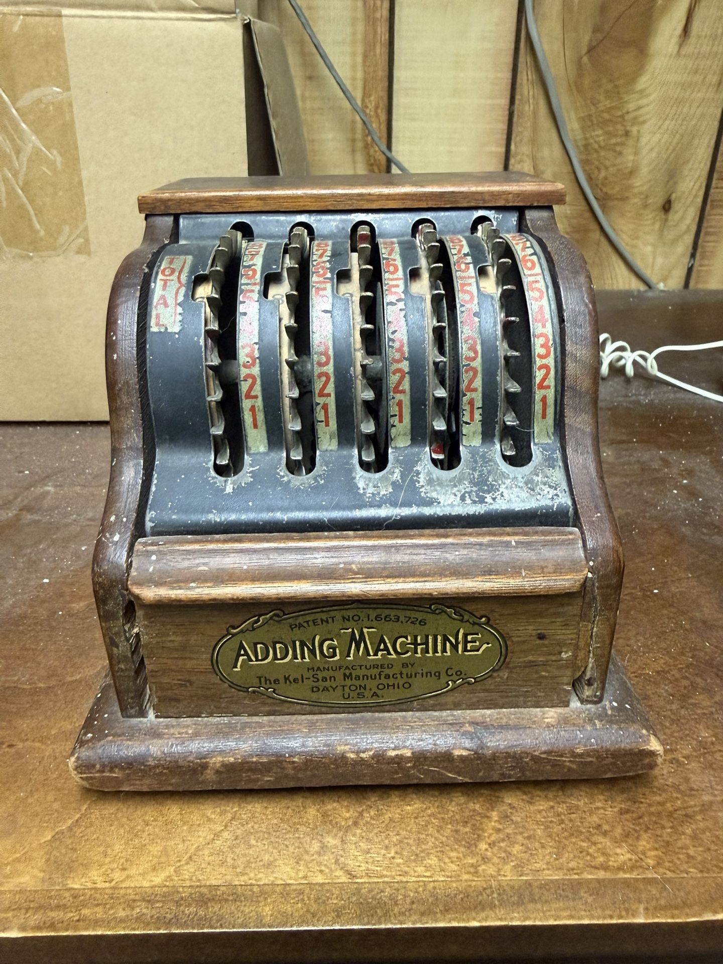 WORKING Antique 1928 Kel-San Adding Machine - Rare Wood Case Mechanical Calculator