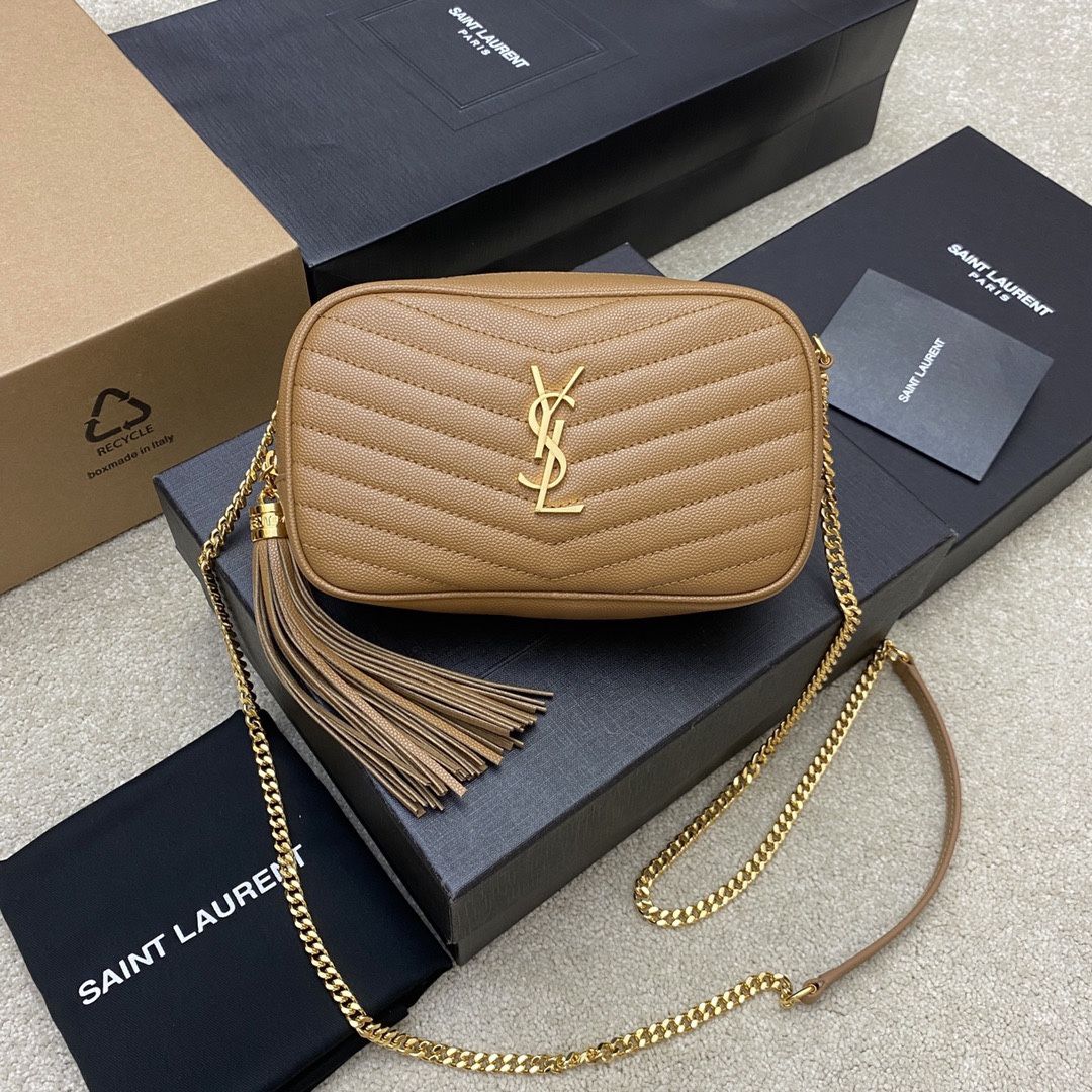 SAINT LAURENT Grain De Poudre Matelasse Monogram Mini Lou Camera Bag Dark Beige 18×10×5 cm
