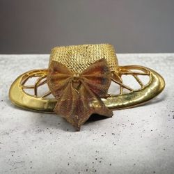 Vintage Goldtone Hat Brooch, Gold Ribbon is twist tied  and can be replaced,
