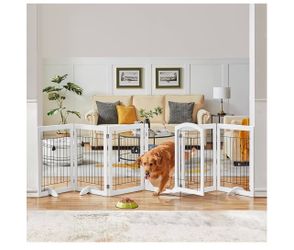 32-inch Tall Dog Gate with Door Extra Wide Pet Gate for Dogs, Foldable Wire & Wooden Puppy Safety Fence w/3 Support Feet,Freestanding Dog Gate for The