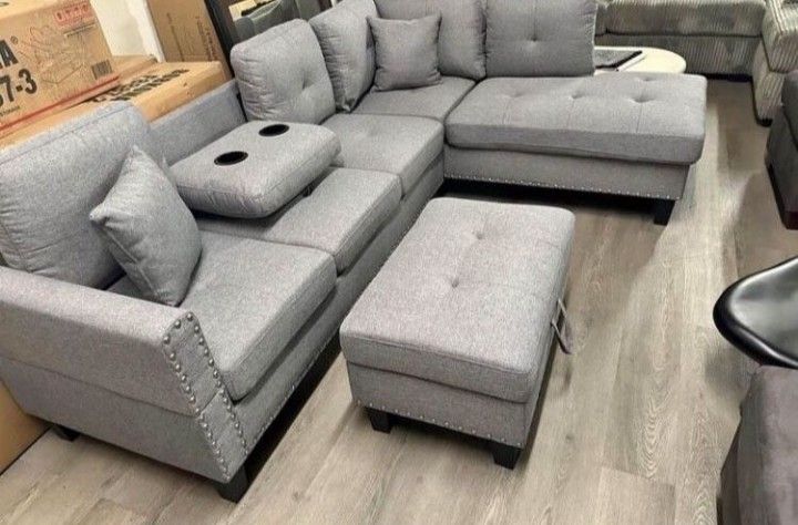 Grey Taupe 3-pc Sectional Sofa With Storage Ottoman New