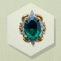 Vintage Signed LIND (Lindberg) 14K HGE Faux Oval Cut Emerald & Rhinestones Sz 7