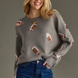 Women's Size XL Sequin Football Sweater, Gray, NEW  