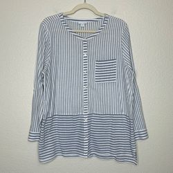 J.Jill 100% Cotton Blue White Striped Button Down Tunic Top