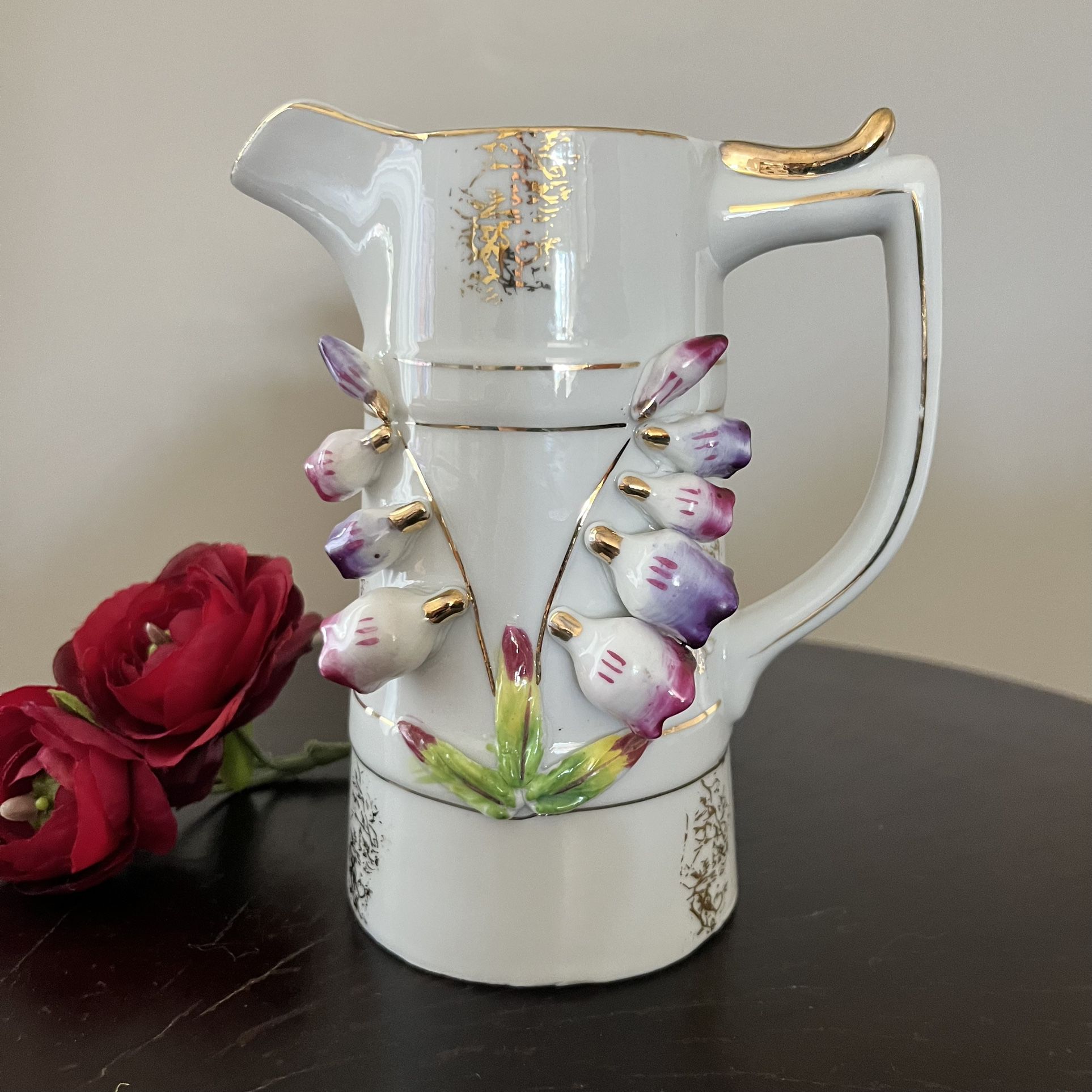  White Porcelain Pitcher Jug Vase  Flowers  Gilt Accent Shelve Or Table Decorative Piece Hollywood Regency  Country Cottage 