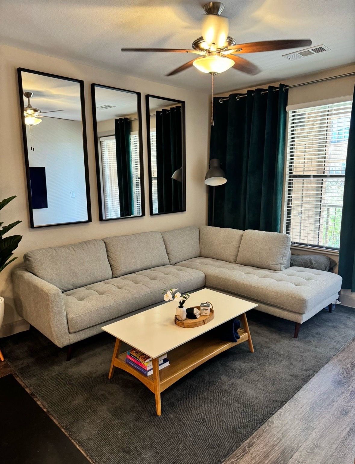 Living Spaces Ginger Grey Fabric 110" L-Shaped Sectional with RAF Chaise