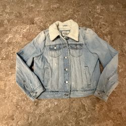Ashley Vintage Charm Jean Jacket Medium Blue Denim Sherpa Lined Pocket Distress