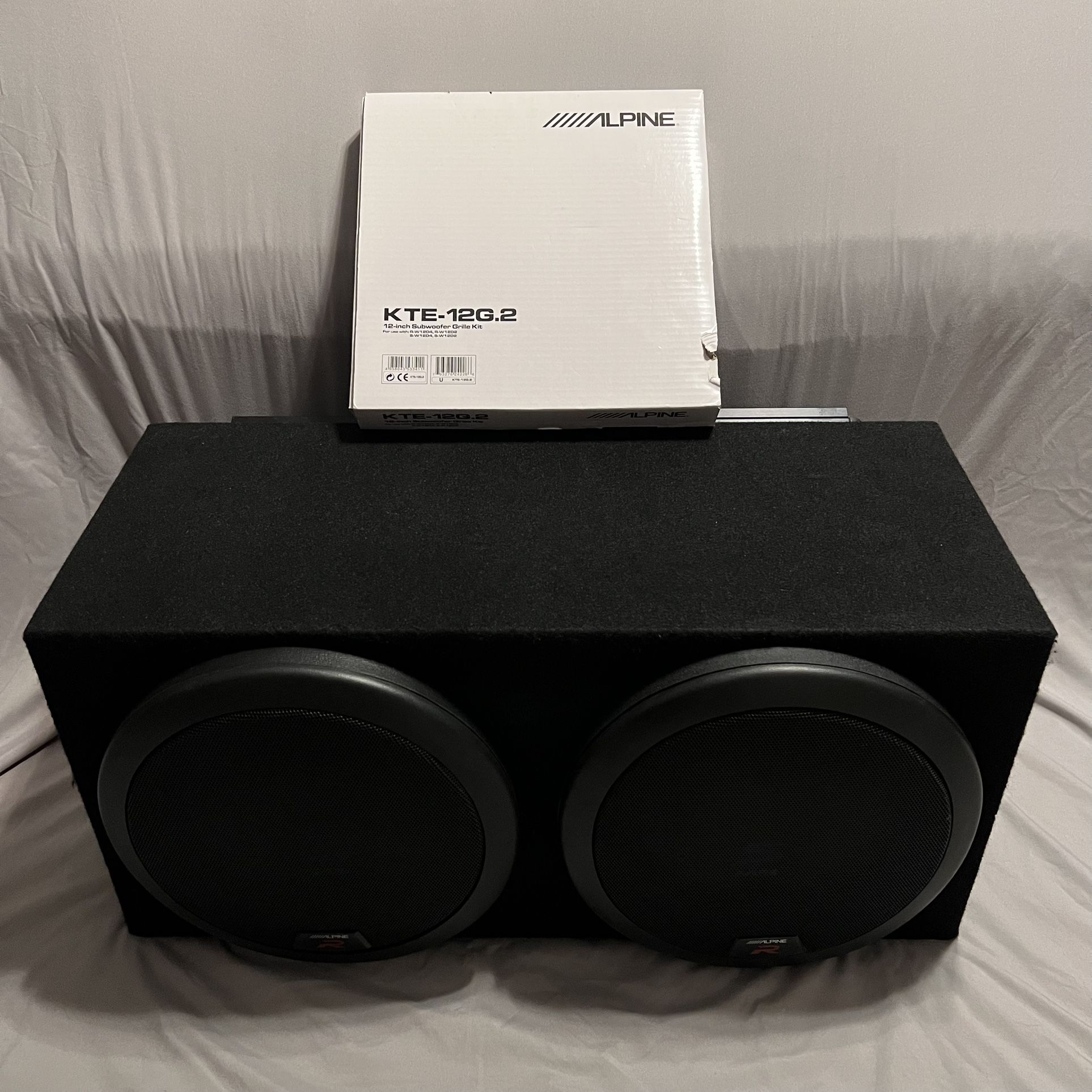 Alpine Electronics Vehicle Audio System Including Alpine S-W12D2 12” Subwoofers, Alpine MRV-M500 Amplifiers, Subwoofer Enclosure, & Alpine Grille Kit