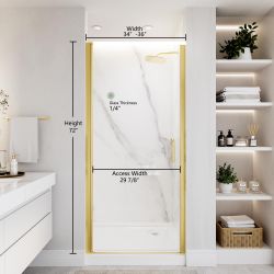 ComfyStyle 34-36 W x 72 H Frameless Pivot Shower Door, Brushed Gold