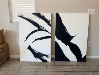 New black & white textured abstract canvas wall art set of 2