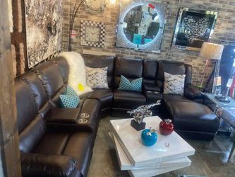 Brown Sectional with Chaise - Recliner Sectional + Cupholders