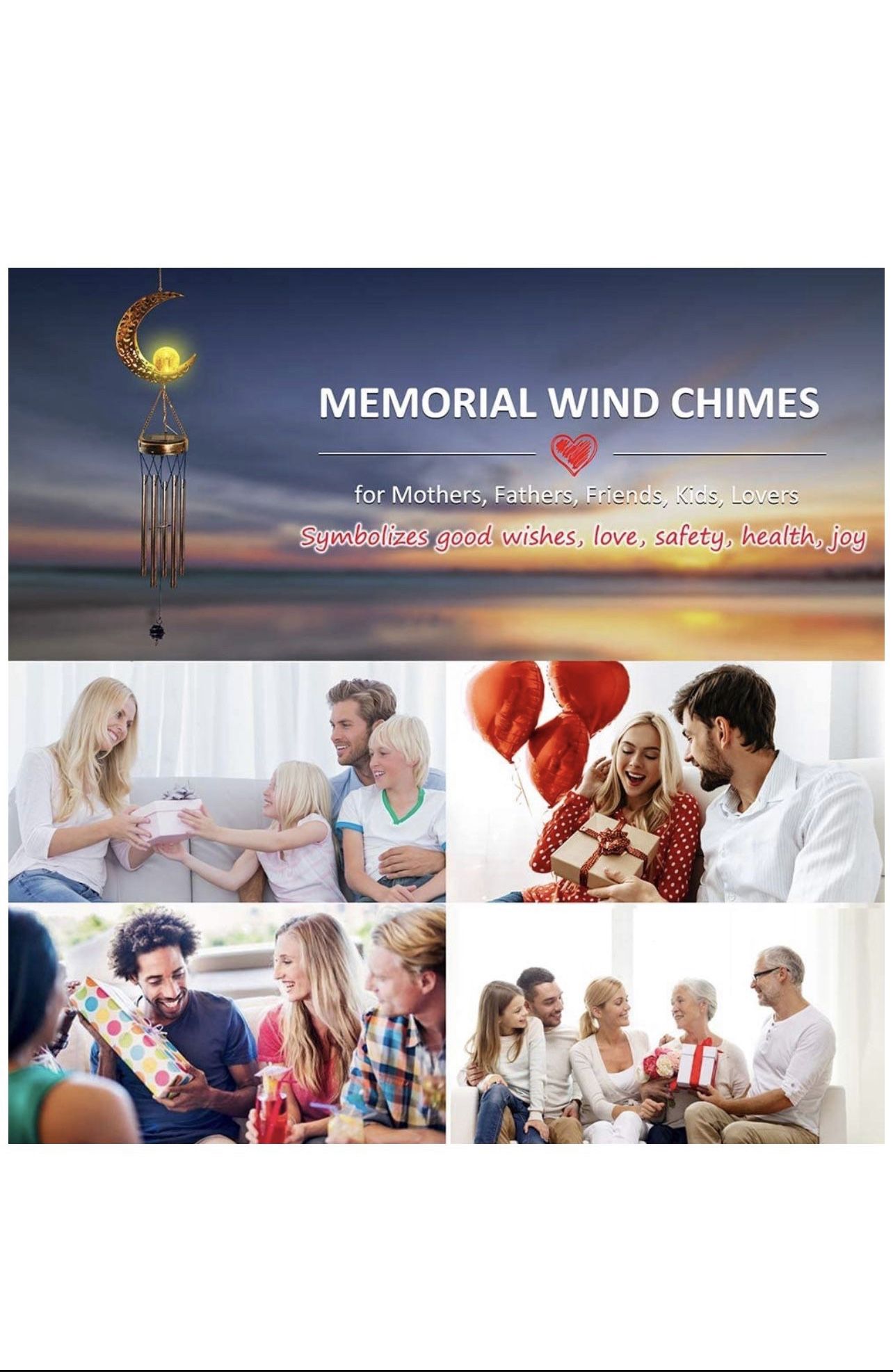 Solar Wind Chimes for Outside, Memorial Wind Chimes with Moon Crackle Glass Ball Warm LED Light, Sympathy Wind Chimes with Metal Tubes Waterproof Uniq