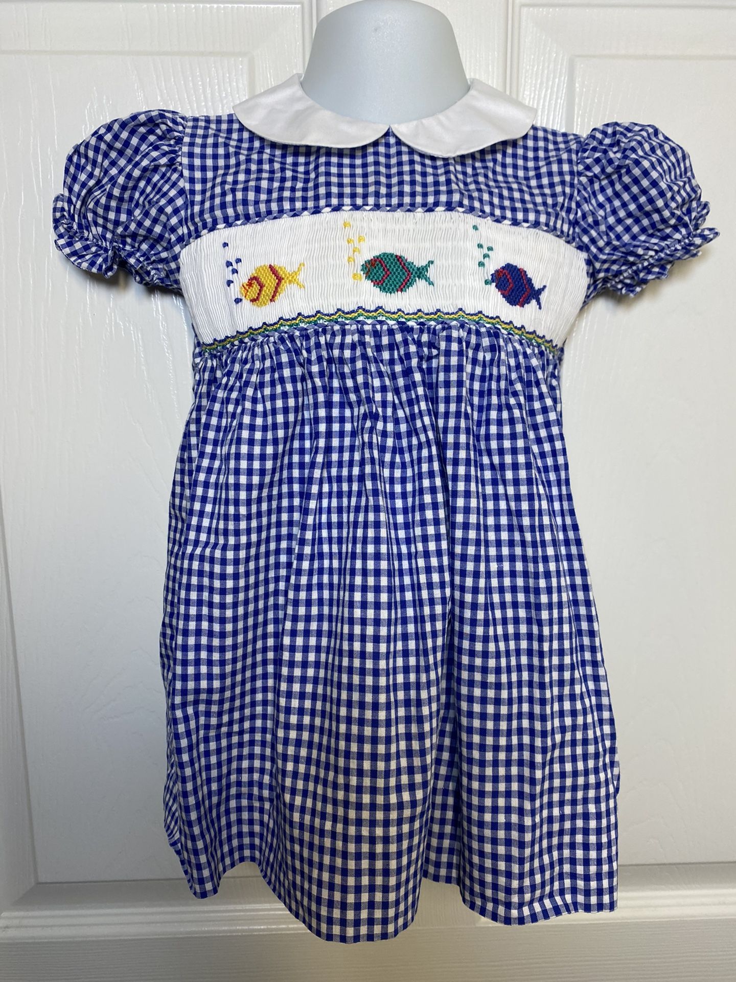 Strasburg boutique smocked blue checked gingham dress size 18 months embroidered fish