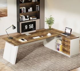 HL0264AB 78" L-Shaped Executive Desk, Large Modern Office Desk with Drawers and Lateral File Cabinet, Business Furniture with Storage Shelves, Big Com