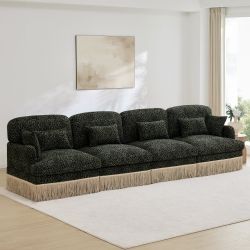 Target 131" Leopard Print Chenille 4-Seater Modular Sofa with Fringe Trim,Beige