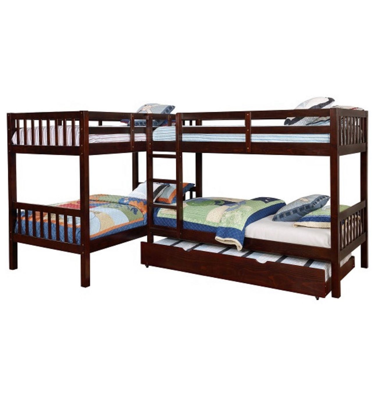 Maddox Twin L-Shape Quadruple Bunk Bed with Twin Trundle