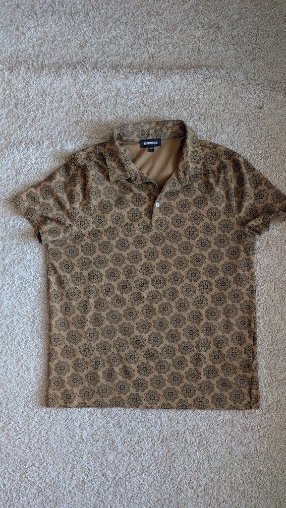Express Men's Tan Patterned Polo