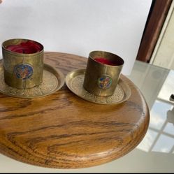 Vintage brass hand engraved koi fish candle holders with plates