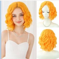Yellow Wigs for Women Short Curly Wavy Yellow Bob Wig Middle Part Wig Heat Resistant Synthetic Wigs for Daily Use Cosplay Costume Party new in box $20