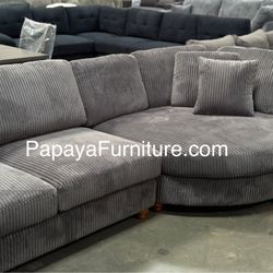 New 125” Large Chaise Sectional Couch Soft Fabric Dark Grey