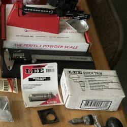 Lee Reloading Accessories (Powder Scale, Case Trimmer, Trim Dies, Primer Feeder, Electronic Caliper & Cases).