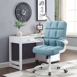 Ergonomic Office Chair with Wheels and Flip-up Armrests for Adults and Teens, Blue Linen Fabric Home Office Desk Chairs Comfortable with Flip-up Arms