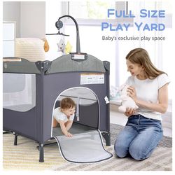 INFANS Pack and Play, 5 in 1 Baby Bedside Sleeper with Bassinet, Diaper Changer, Mattress, Carry Bag, Music Box Hanging Toys,