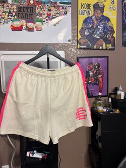 Eric Emmanuel Cream Mesh Shorts with Pink Side Stripe