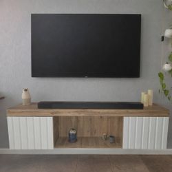 Modern Oak-Look with White Doors - Floating TV Shelf– Upgraded Version
