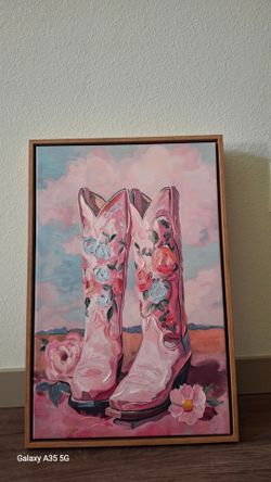 Framed Canvas Painting Pink Cowboy Boots
