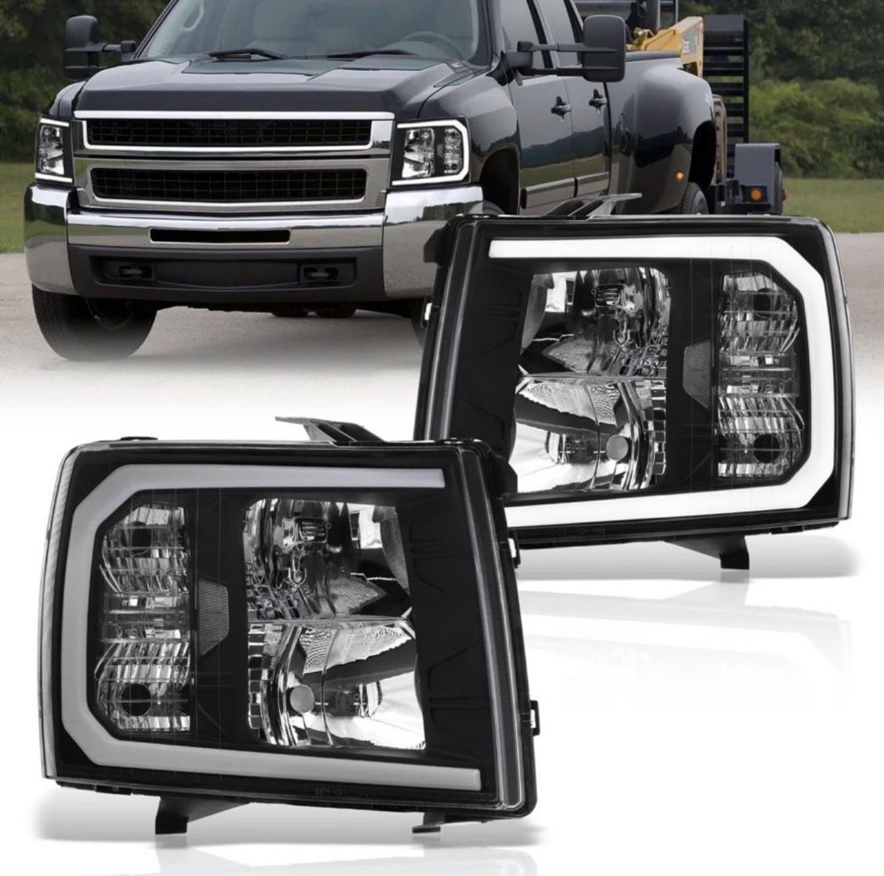 2007 - 2013 Chevy Silverado LED DRL Black Headlights Bumper Signal Lamps Assembly Pair Compatible/Replacement For Silverado 1500 RST 2500HD 3500HD