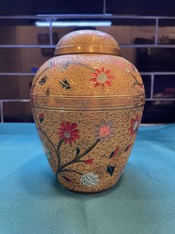 Vintage Solid Grass Ginger Jar With Enameling And Engraving 