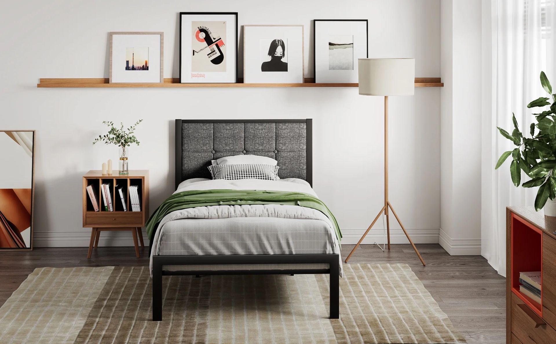 Twin Size Bed Frame with Upholstered Headboard – Strong Metal Base