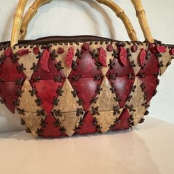Coconut Shell Handmade Patchwork Purse Pink/Brown Stiching Zipper