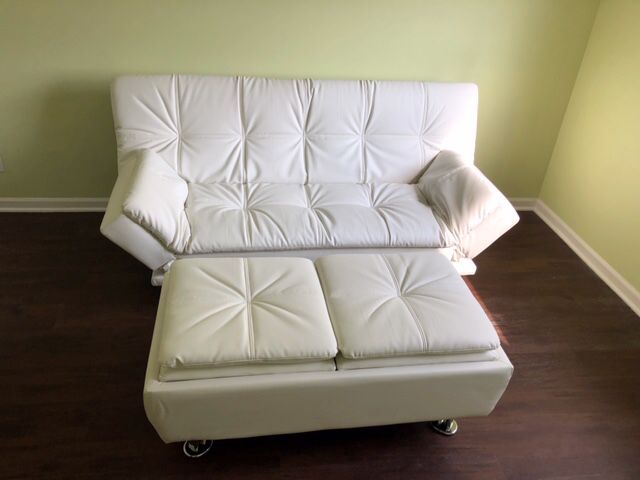 White Leather Futon Sofa Bed with Ottoman!! Brand New