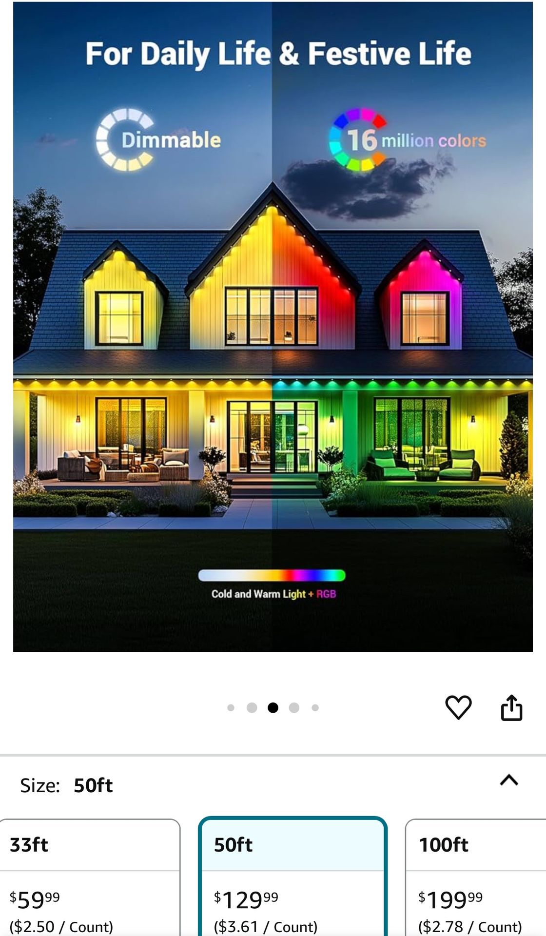 Permanent Outdoor RGB Lights, 50ft IP65 Waterproof LED Eaves Lighting with App Control