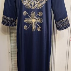 1960s Moroccan Blue Gold Embroidery Maxi Dress Kaftan - size M