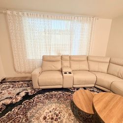 Modern Beige Leather Sectional Sofa with Power Recliner + 2 Coffee Tables