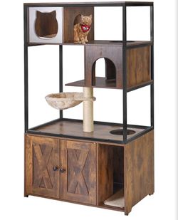Large Wood Cat Tree Tower with Litter Box Cabinet