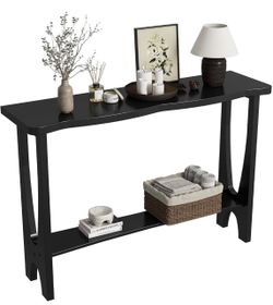 CJL Solid Wood Sofa Table Behind Couch, 47.3" Curved Console Table, Black 2-Tier Modern Narrow Entryway Table, Wave-Shaped Tabletop & Arched Shelf, Ad