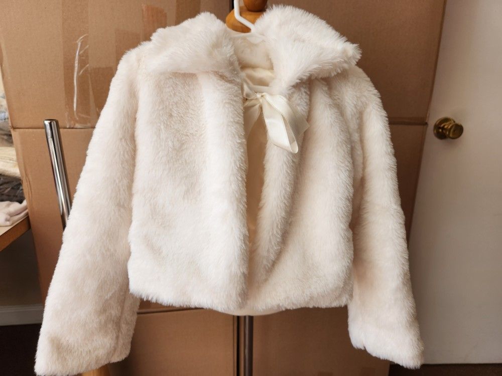 Luxury Faux Fur Coat For Girls Bolero Jacket Tied Ribbon Shrug With Collar Cute Winter Jacket