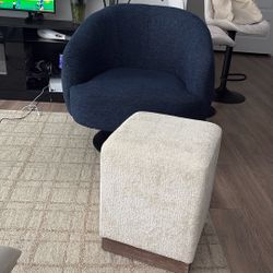 Blue Swivel Accent Chair W. Foot Stool