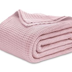 Gentlesoft Cozy 100% Cotton Thick Breathable Waffle Weave Blanket. Soft Pink - 90 × 90